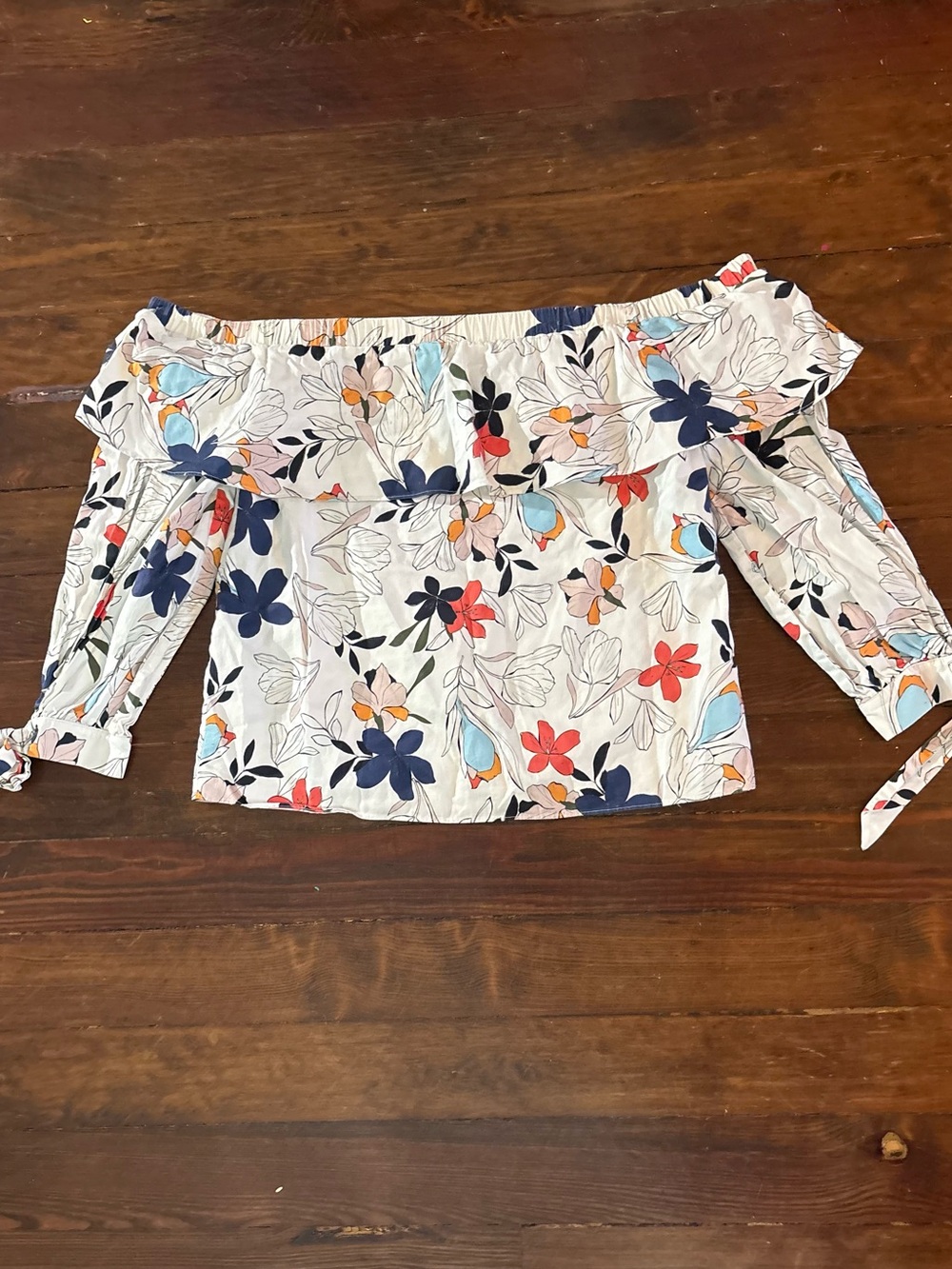 Parker white blue red floral off shoulder top blouse size XS
